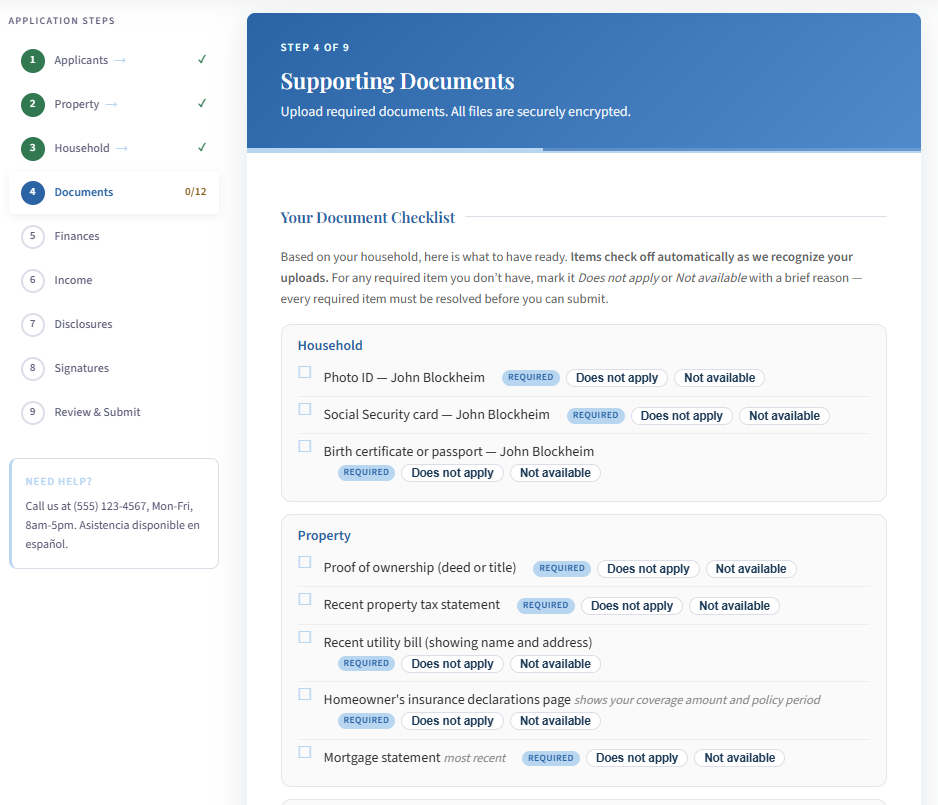 Document checklist grouped by household and property, each required item with Does not apply and Not available options